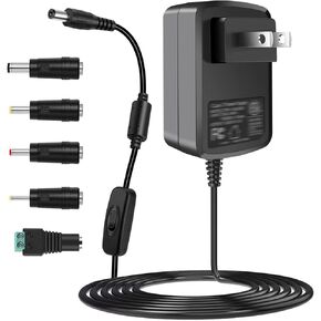 TKDY 12V 2A DC Power Supply AC Adapter Cord with Switch, 100-240Vac to DC 12 Volt 2 Amps 24W Transformer, for DC12V Yamaha Keyboard 12Vdc Record Player Massager LED Strip Lights Router Soundbar.