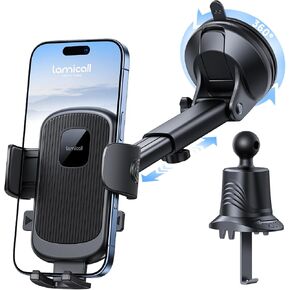 Lamicall Car Phone Holder Mount [3-in-1 Military-Grade Suction Cup] 360° Rotation Phone Holders for Your Car [Metal Hook] Cell Phone Car Mount Dashboard Vent Windshield for iPhone 16 All Smartphone