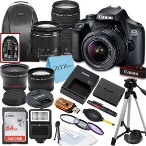 Canon EOS 4000D / T100 DSLR Camera with EF-S 18-55mm + 75-300mm Lens, SanDisk 64GB Memory Card, Tripod, Flash, Backpack + ZeeTech Accessory Bundle (Renewed)