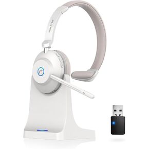 Wireless Headset with Mic for Work, Bluetooth Headset Mic Mute & USB Dongle, 45H+ Wireless Headphones with Microphone Noise Canceling & Charging Dock for Work/Office/PC/Meeting/MS Teams