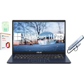 ASUS 14" FHD Laptop Computer, 4-Core Intel Pentium, Windows 11 Pro with Microsoft Office Lifetime Suite, 4GB RAM 576GB Storage (256GB SSD + 256GB Docking Station +64GB eMMC), PLUSERA Earphones, Black