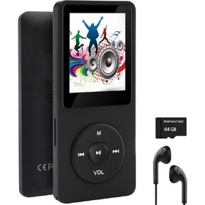 64GB MP3 Player with Speaker Earphones Portable Music Player for Kids Support Music/Picture/Video/Voice Recording/E-Book Black