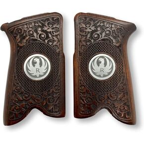 | Wood Grips for Ruger P85, Ruger P89, P90, P91 Wooden Pistol Grip Handmade (Metal Logo Walnut | Flower)