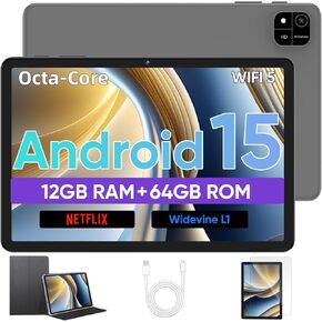 Android 15 Tablet, 10 inch Tablet with Octa-Core Processor, 12GB RAM 64GB ROM 2TB Expand, 1280x800 HD Touchscreen, GPS, WiFi 5, Dual Camera, BT5.0, 6000mAh, Widevine L1, Google Tablets (Black)