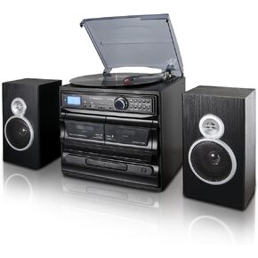 Trexonic 3-Speed Turntable with CD Player, Dual Cassette Player, BT, FM Radio & USB/SD Recording and Wired Shelf Speakers