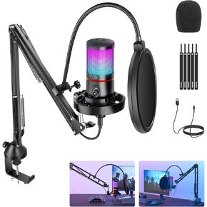 Neewer USB Gaming Microphone Kit with RGB Light Effect, Plug&Play One Click Mute&Gain, Cardioid Condenser Mic PC Mac, Upgraded Boom Arm Shock Mount for Streaming Twitch Online Chat, CM25