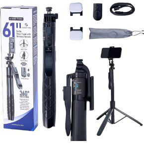 61" Selfie Stick Tripod with Wireless Remote - 360° Rotating Phone Tripod Stand, Foldable & Portable Design - Compatible with Smartphones, GoPro, Beauty Lights - Travel & Content Creation Essential