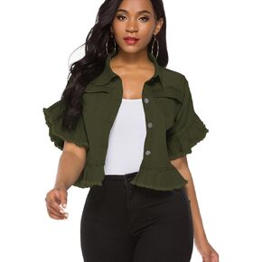 Suvimuga Women's Denim Jacket Button Down Distressed Ruffle Sleeve Crop Jean Jackets Coat