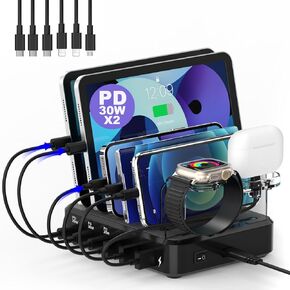 Charging Station for Multiple Devices - 100W 6 Port Charger Station with 3 PD USB C Fast Port, 6 Short Cables, Charging Dock Designed for Apple iPhone iPad Android