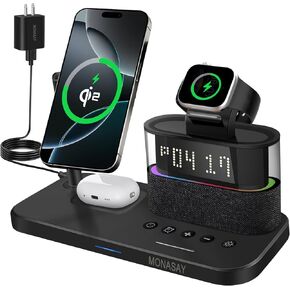 MONASAY Qi2 5 in 1 Wireless Charging Station, 23W Wireless Charger with Alarm Clock for Multiple Devices, Magnetic Charger Stand for iPhone 16/15/14/13/12 Series and AirPods, Apple Watch Series, White