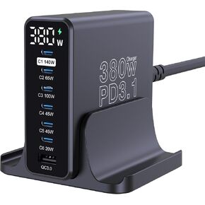 URVNS 380W USB C Charger, GaN III 7 Ports PD3.1 140W PPS 45W QC60W Fast GaN Charging Station with LED Display for MacBook Pro/Air, iPad, iPhone 16/15/14, Galaxy S23/S24 Steam Deck and More