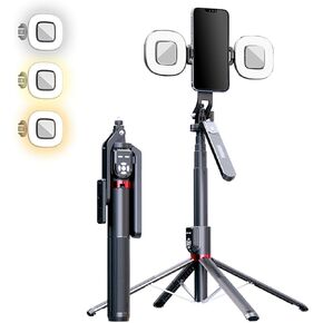 86 Inch 360° Rotation Extendable Selfie Stick & Tripod Stand with Dual Bluetooth Wireless Remote and 2 LED Fill Light and Phone Holder Compatible with iPhone Android Cameras Gopro