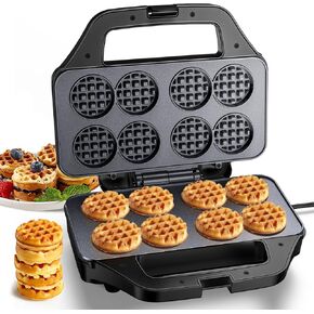 Mini Waffle Maker for Kids, Bake 8 x 1.8 Inch Tiny Waffle Bites, Compact Stainless Non-Stick Waffle Iron with Quick Heat-Up, Easy to Use and Clean, Perfect for Home or Parties, Black