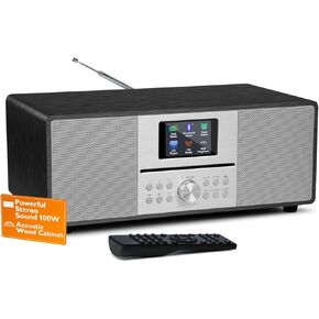 MS4 CD Player I FM Radio I HiFi System I Bluetooth I Powerful Stereo System I Acoustic Wood Cabinet I CD Player with Speakers 100W I 40 Presets,Headphone Jack I Metallic Black Finish