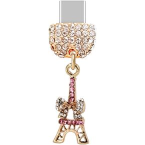 ELISE & FONDA TP190 Type-C Charging Port Crystal Anti Dust Plug Bow Tower Pendant Cell Phone Charm for Samsung/OnePlus/Xiaomi/oppo Android Phone iPhone 15/16 (Pink)
