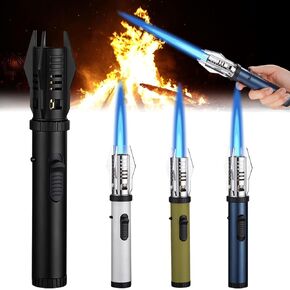 Torch Lighter, Camping Outdoor Windproof Straight Flame Lighter, Refillable Butane Lighter, Windproof Straight Torch Blue Flame Lighter, Household Kitchen Torch Lighter (Black)