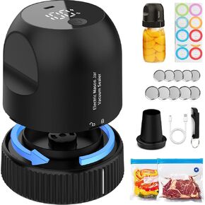 Mason Jar Vacuum Sealer Kit, 3 in 1 Auto Stop Electric Mason Jar Vacuum Sealer for Mason Jars for Wide Mouth & Regular Mouth Mason Jar & Sous Vide Bags, Portable Vacuum Seal for Jar Food Storage Black