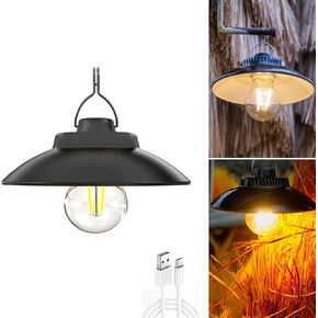 LED Outdoor Solar Warm Light Camping Light, Waterproof Solar and USB Powered Retro Courtyard Lighting, 2 Mode Portable Emergency Light with Hook.