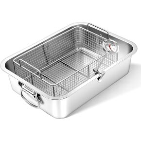 Deep Fryer Pan with Basket 10 Qt Stainless Steel stove top corn dog fryer with Oil Thermometer Rectangular frying pot with Ring Handle for Cooking French Fries Chicken