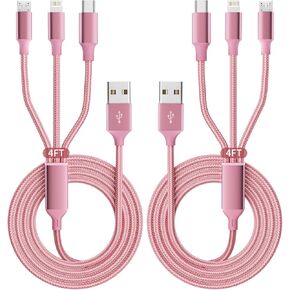 Multi Charging Cable, USB C 3 in 1 Charging Cable[2Pack 4FT], USB C Cable Nylon Braided Multiple Charger Cord with Type-C, Micro USB and IP Port for iPhone 16/15 Series/Cell Phones and More-Red&Black