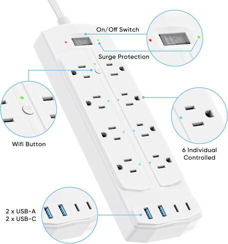 Smart Plug Power Strip, Yozisital WiFi Flat Plug Strip with 6 Smart Outlets and 4 USB Ports(2 USB C), 5 Ft Extension Cord, Wall Mountable Surge Protector, Compatible with Alexa and Google Home, White in Saudi Arabia