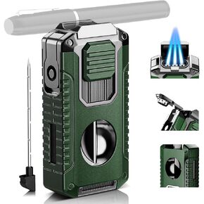 5-in-1 Multifunctional Torch Lighter with V Cutter, Punch, Holder, and Windproof Triple Jet Flames, Refillable Butane Lighter for Travel, Outdoors, Accessories Gift for Men (Butane Not Included)