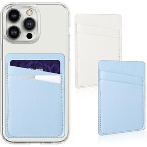 Card Holder for Phone Case, Leather Phone Card Holder, Dual Pocket Phone Wallet Stick On for Most Smart Phone Android Cell Phone, Wallet for Back of Phone Case for Women (White&Blue)