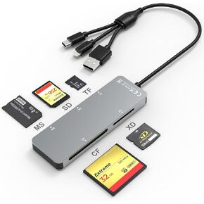 Memory Stick Pro Duo Adapter - Aluminum 5 in 1 SD/TF/CF/MS/XD Picture Card Reader for PC/Android/Lightning, Multi Memory Card Reader USB C Lightning OTG Adapter Memory Stick pro Duo Reader for iPhone