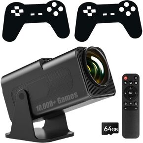 Game Projector with 2 Controllers & 10,000+ Games 4K 1080P Arcade Vision Projector Bluetooth 5.4 Retro Game Projector Android 13 WiFi 6 Auto Keystone Mini Projector for Game Black