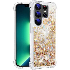 Glitter Phone Case for Samsung Galaxy S24 Ultra Case Clear Silicone for Women Girls, Cute Gold Cover Samsung S24 Ultra Case Shockproof Aesthetic Durable Bumpers (Gold)