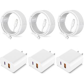 iPhone Charger, iPhone 14 Charger Fast Charging, 3Pack 20W PD USB C+QC3.0 USB A Dual Port USB C Wall Charger with 6FT USB C to Lightning Cable Compatible with iPhone 14/13/12/Pro/Pro Max/XS/X and More