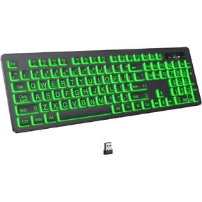 Large Print Backlit Wireless Keyboard, 2.4G Silent Wireless Light Up Keyboard, Full Size Computer Keyboards with 7 Colored Backlits, Rechargeable Wireless Keyboard for Windows, PC, Laptop