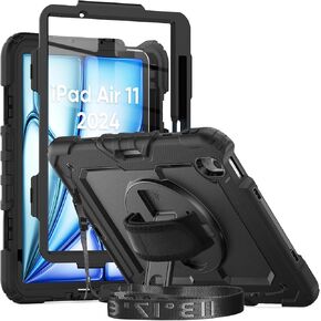 Herize Case Compatible with iPad Air 11 Inch 2024 with Screen Protector Pen Holder | Case for iPad Air 6th Generation 11 Inch | Silicone Rugged Protection Cover W/Stand Hand Shoulder Strap