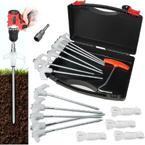 12 Pack Tent Stakes, 8" Ground Anchors Screw Drill in Heavy Duty Ground Pegs Camping Stakes Tent Pegs with Hex Head Driver, Spikes Puller, 4x10ft Rope and Storage Box