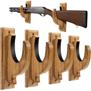 Gun Rack Wall Mount，4 Pack Gun Racks for Wall Shotgun Hooks Gun Wall Mount Indoor Gun Racks Rifle Wall Mount Wooden Gun Cabinets Stand Display Shelf Brown