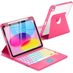 Touchpad Keyboard Case for iPad 10th Generation 10.9 inch 2022, 360 Degree Rotation Cover with Pencil Holder Wireless Rainbow Backlit Detachable Keypad for iPad 10 Gen (Pink)