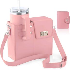 Outdoor Portable Crossbody Water Cup Storage Bag Crossbody Cup Holder Bag Multifunctional Leather Water Bottle Holder with Adjustable Shoulder Strap (Pink)