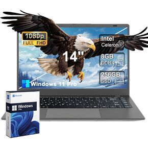 2025 الكمبيوتر المحمول كمبيوتر 14 بوصة FHD 1080p ، Windows 11 Pro لأعمال طلاب المدارس ، 8GB DDR4 RAM ، SSD 256GB ، Intel Celeron ثنائي النواة (تصل إلى 2.6 جيجا هرتز) ، USB ، HDMI ، كاميرا الويب ، Wi-Fi ، Bluetooth 5.0