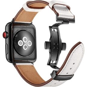 Compatible with Apple Watch Band 42mm 41mm 40mm 38mm Leather, Soft Breathable Leather Wristband Metal Butterfly Buckle Bracelet Replacement Band for Apple Watch Series 10/9/8/7/6/5/4/3/2/1/SE