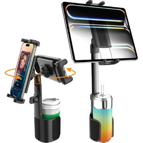 Car Cup Holder Tablet Mount, Tablet Holder for Car Bottle with Stabilize Metal Telescopic Arm for Car SUV Truck Hand Free Compatible with iPad Pro 12.9 Air Mini, Galaxy Z, 4-13" Devices