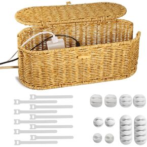 Handmade Cable Management Box,Rattan Cord Organizer Box with 20 PCS Cable Management Organizer Kit,Cable Organizer Box,Desk Cord Organizer Box for Home&Office,Yellow