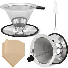 2 Pcs Pour Over Coffee Dripper, Stainless Steel Coffee Filter Reusable, Double Layer Filter, Pour Over Coffee Maker 1-2 Cups, Cone Coffee Filters with Filter Paper and Cleaning Brush, Medium