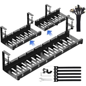 Extendable Under Desk Cable Management Kit, Having 1 Pc Under Desk Tray, 1 Pc Wire Sleeve and All Accessories, No Drill Cable Management Under Desk Organizer, Sturdy Steel Cord Hider for The Desk