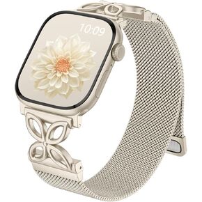 Getino Mesh Loop Compatible with Apple Watch Bands for Women 40mm 41mm 42mm 44mm 45mm 46mm 49mm 38mm Series 10 9 8 7 6 5 4 3 2 1 SE, Metal Stainless Steel Magnetic Strap for iWatch Bands, Starlight