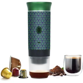 Battery Powered Portable Electric Espresso Machine for Camping, Portable Coffee Maker for Travel, Rechargeable Coffee Maker Self Heating with Ground Coffee & Capsule for RV, Hiking (Green mix Black)