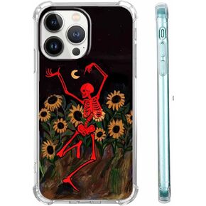 Case for iPhone 14 Pro Max with Dancing Skull Design,Cute Hippie Skeleton Flowers Case for Men Women,Clear Soft TPU Bumper Case,6.7"(Skull,14pm)