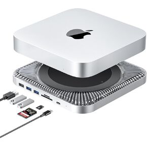 RayCue Mac Mini Hub & Type-C Stand with SSD Enclosure – Mac Mini Stand - Fits 2.5 Inch SATA SSD, USB-C Data Port, Dual USB 3.0/2.0 Port, Micro/SD Card Readers – for Mac Studio, Mac Mini M1 M2