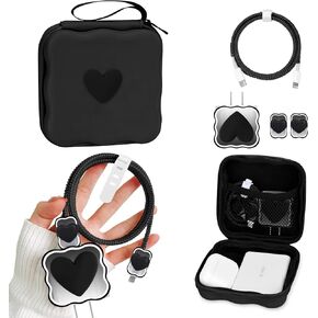 CameCosy DIY Phone Charger Case Storage Sets Cable Protector Earphone Wire Saver with Wave Travel Storage Bag, Cute Cable Charger Protector Cord Organizer for iPhone (Black Love Heart)