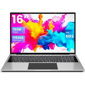 Laptop 16GB RAM 1152GB Storage, Office 365 One Year, N95 CPU, Laptop Computer 16 Inch, FHD IPS 1920x1200 Display, 38WH Battery, 2 Speakers, 2.4G/5G WiFi, BT4.0, 16:10, Business Portable Laptops