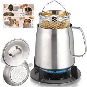 Stainless Steel Oil Filter Pot (68oz), Heavy Duty 2L Bacon Grease Saver with Strainer and deep fryer basket,Multi-function 304 Fat Separator for Kitchen, Bright Silver